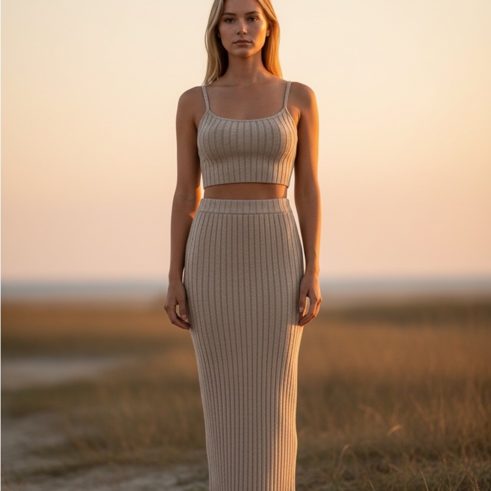Tan Ribbed Skirt Set - Picture 2 of 8